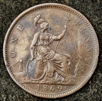 AN OUTSTANDING  & VERY RARE BRONZE PENNY OF 1869 
(The “Key Date” of the Series) In Original GVF Condition with excellent surfaces and interesting mid-stage die cracks on reverse.